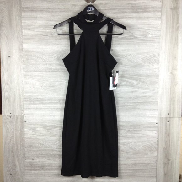 bebe mock neck strappy crepe dress